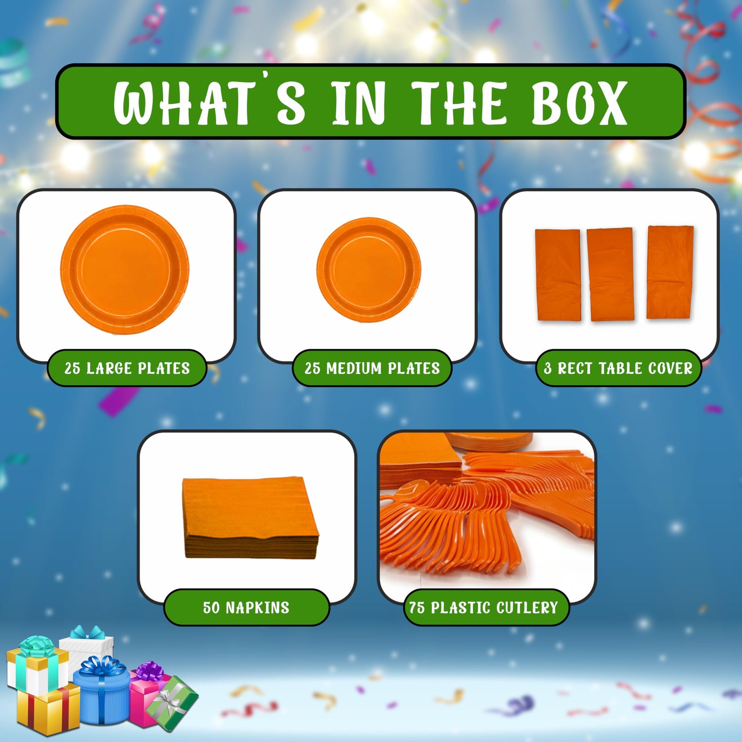 Party Penguin Orange Disposable Tableware Set – 178 PCS Complete Party Supplies Pack with Plates, Napkins, Cutlery & Table Covers