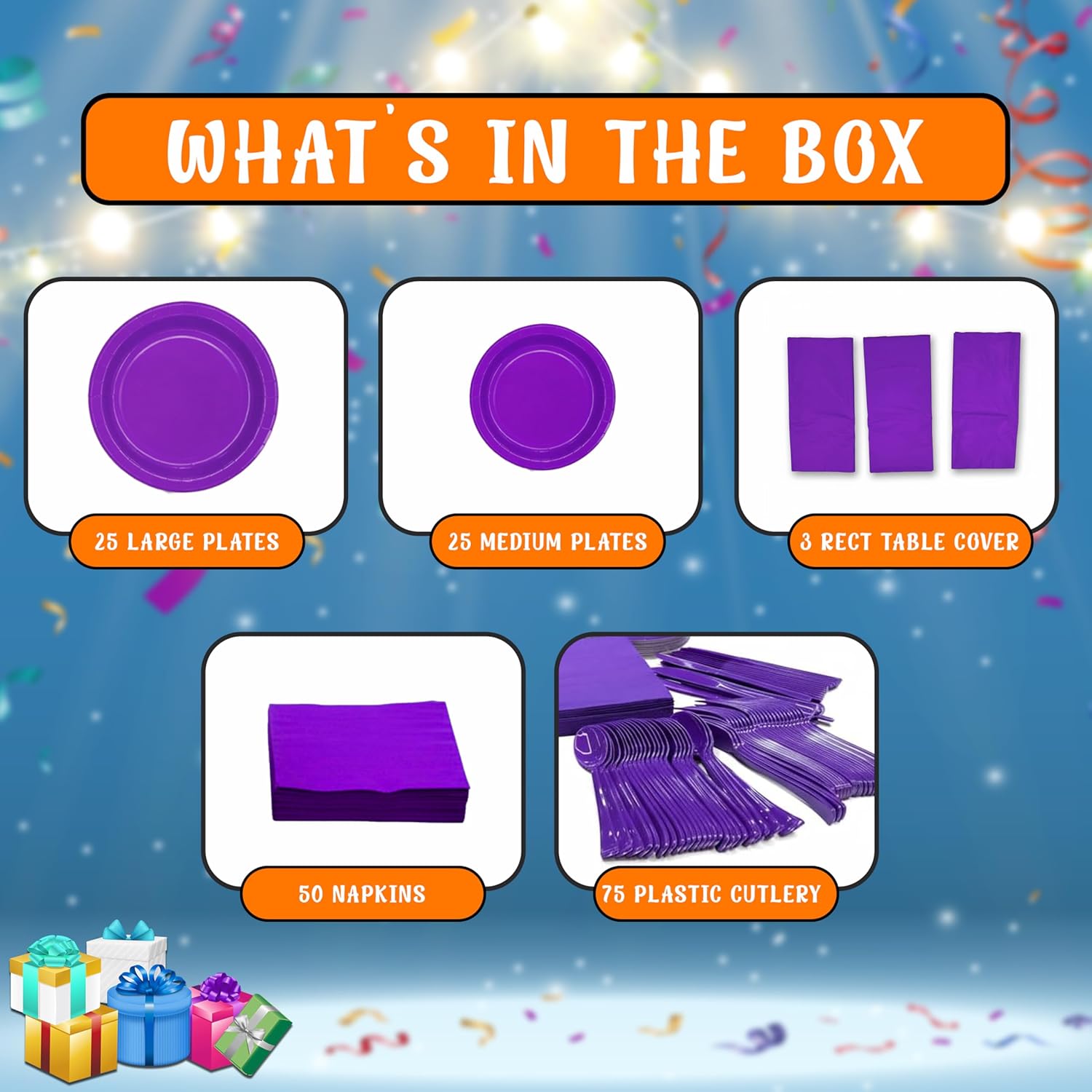 Party Penguin Purple Disposable Tableware Set – 178 PCS Complete Party Supplies Pack with Plates, Napkins, Cutlery & Table Covers