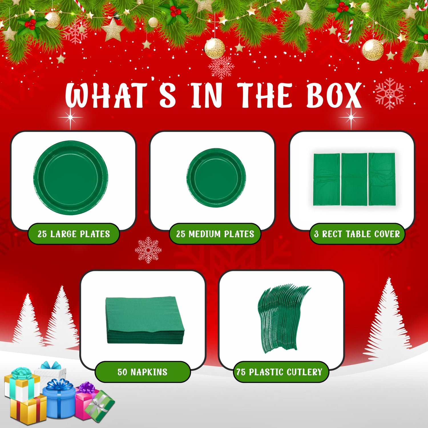 The Party Penguin 178 Pcs Green Christmas Themed Disposable Tableware Bundle for 25 Guests | Includes Plates, Table Covers, Napkins & Cutlery | Festive Green Party Supplies for Holiday Gatherings