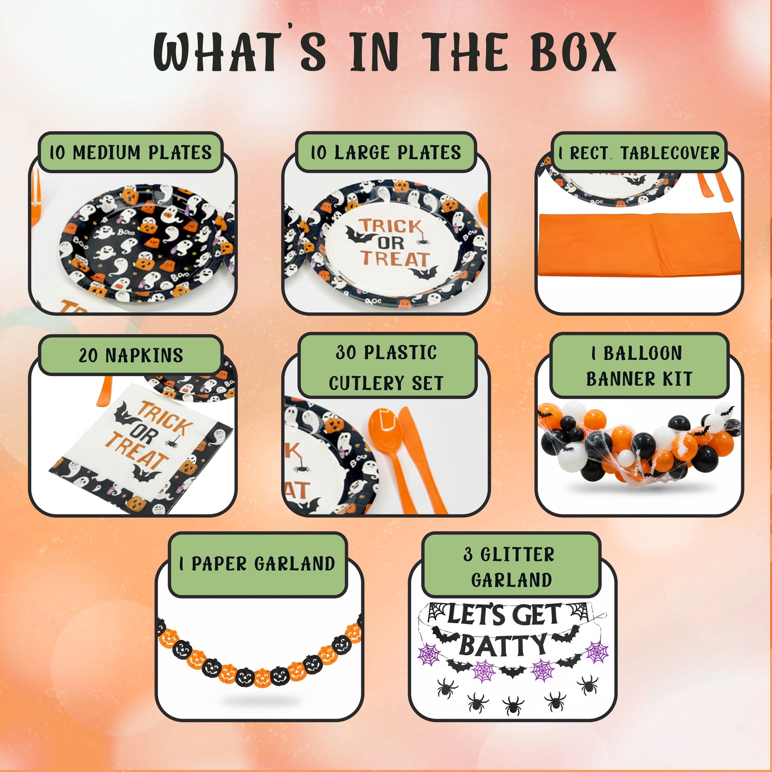 The Party Penguin Disposable Halloween Party Supplies Set (122 PCS) – Plates, Napkins, Cutlery, Tablecloth + Balloon Banner & Garlands for Trick-or-Treat & Classroom Parties