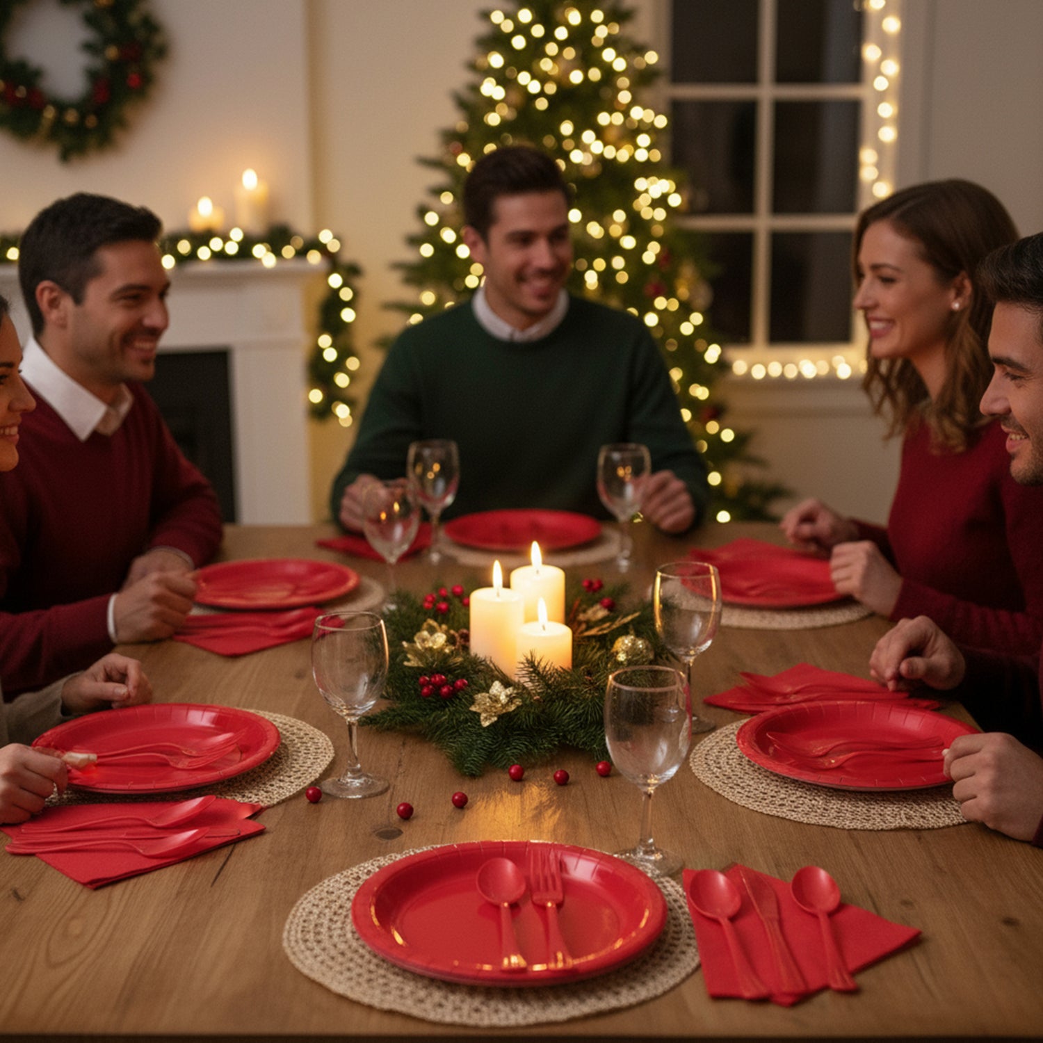 The Party Penguin 178 Pcs Red Christmas Themed Disposable Tableware Bundle for 25 Guests | Includes Plates, Table Covers, Napkins & Cutlery | Festive Red Party Supplies for Holiday Gatherings