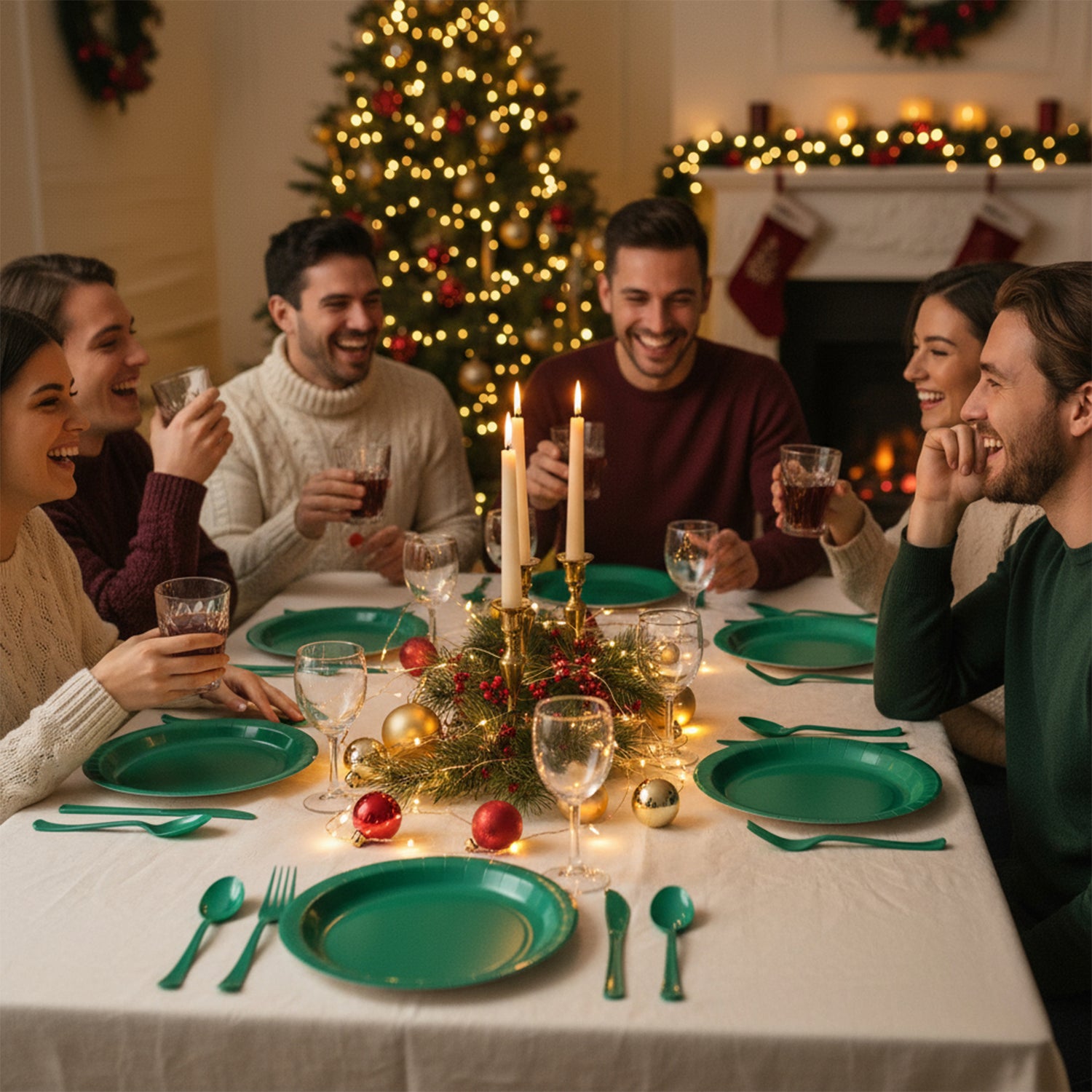 The Party Penguin 178 Pcs Green Christmas Themed Disposable Tableware Bundle for 25 Guests | Includes Plates, Table Covers, Napkins & Cutlery | Festive Green Party Supplies for Holiday Gatherings