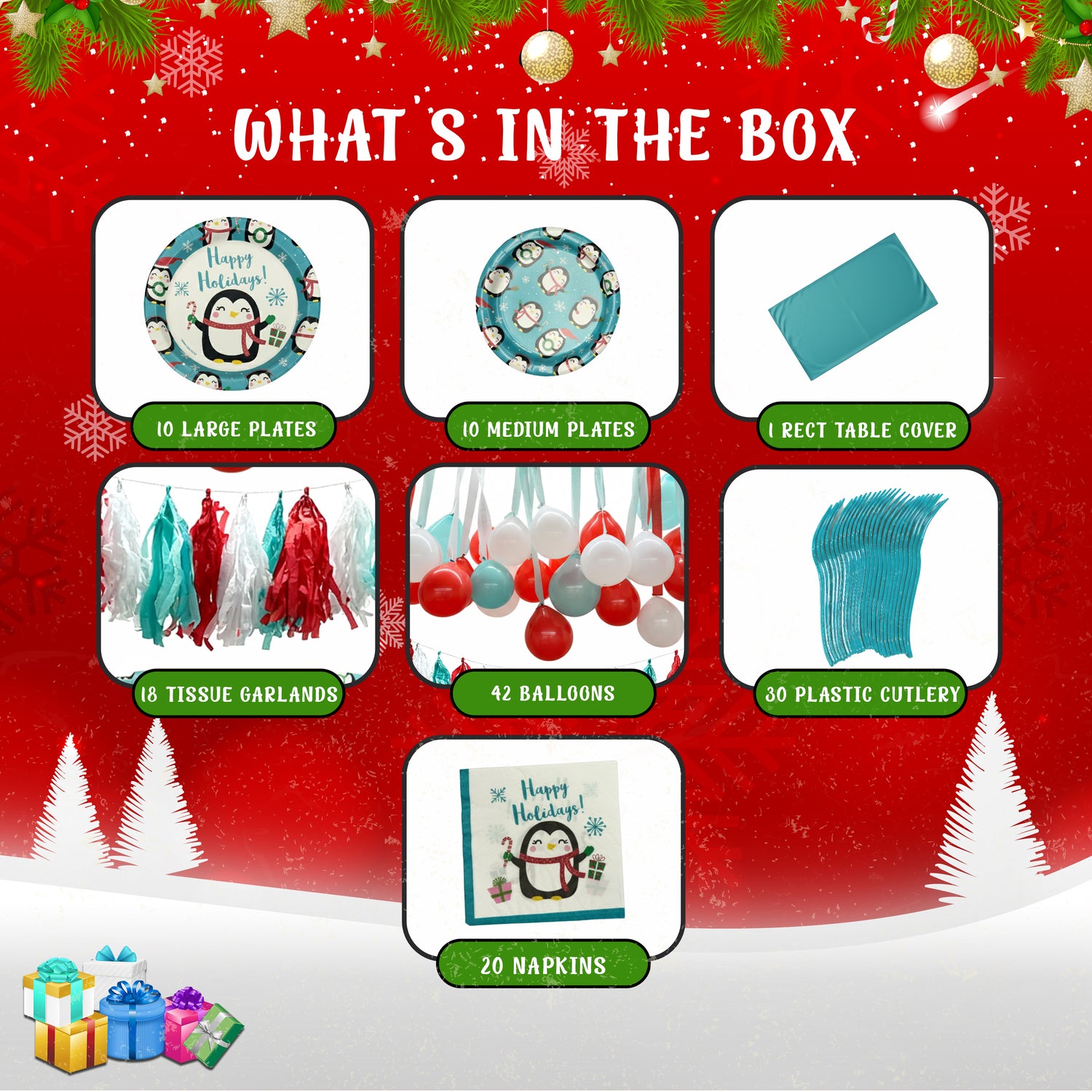 The Party Penguin 131 Pcs Christmas Disposable Tableware Bundle | Holiday Party Supplies Set for Xmas Dinner & Decor | Plates, Napkins, Cutlery, Tablecloth, Balloons & Garland
