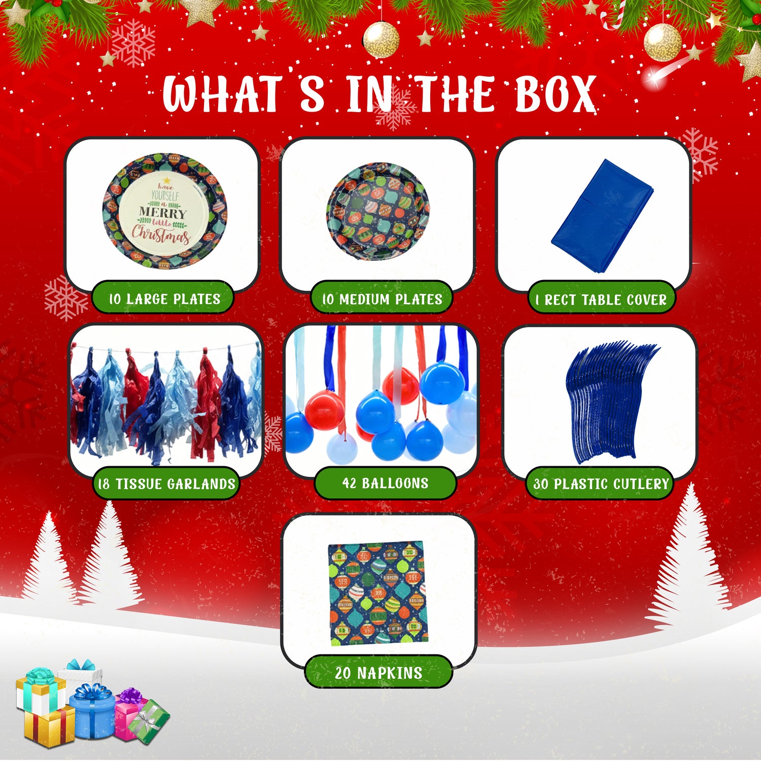 The Party Penguin 131 Pcs Christmas Disposable Tableware Bundle | Holiday Party Supplies Set for Xmas Dinner & Decor | Plates, Napkins, Cutlery, Tablecloth, Balloons & Garland