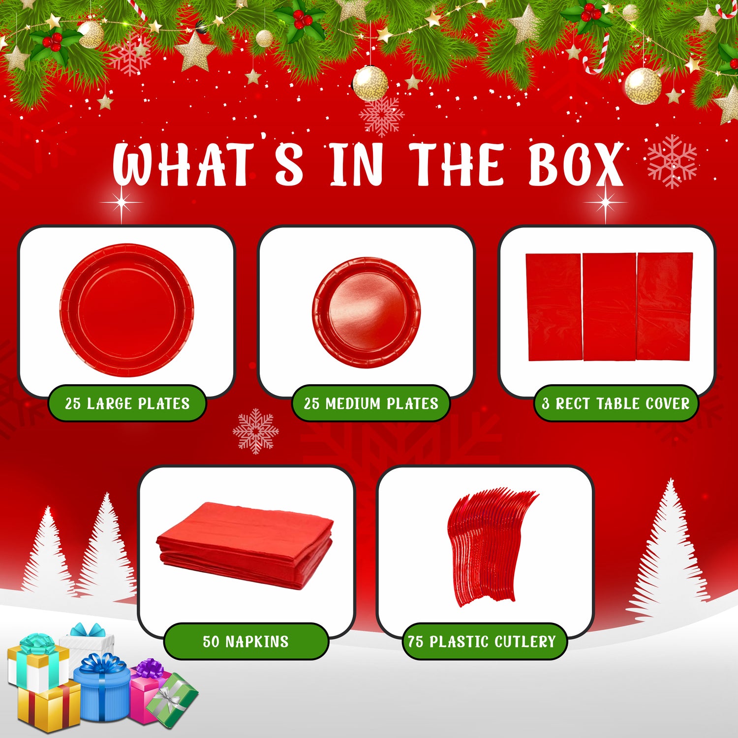 The Party Penguin 178 Pcs Red Christmas Themed Disposable Tableware Bundle for 25 Guests | Includes Plates, Table Covers, Napkins & Cutlery | Festive Red Party Supplies for Holiday Gatherings