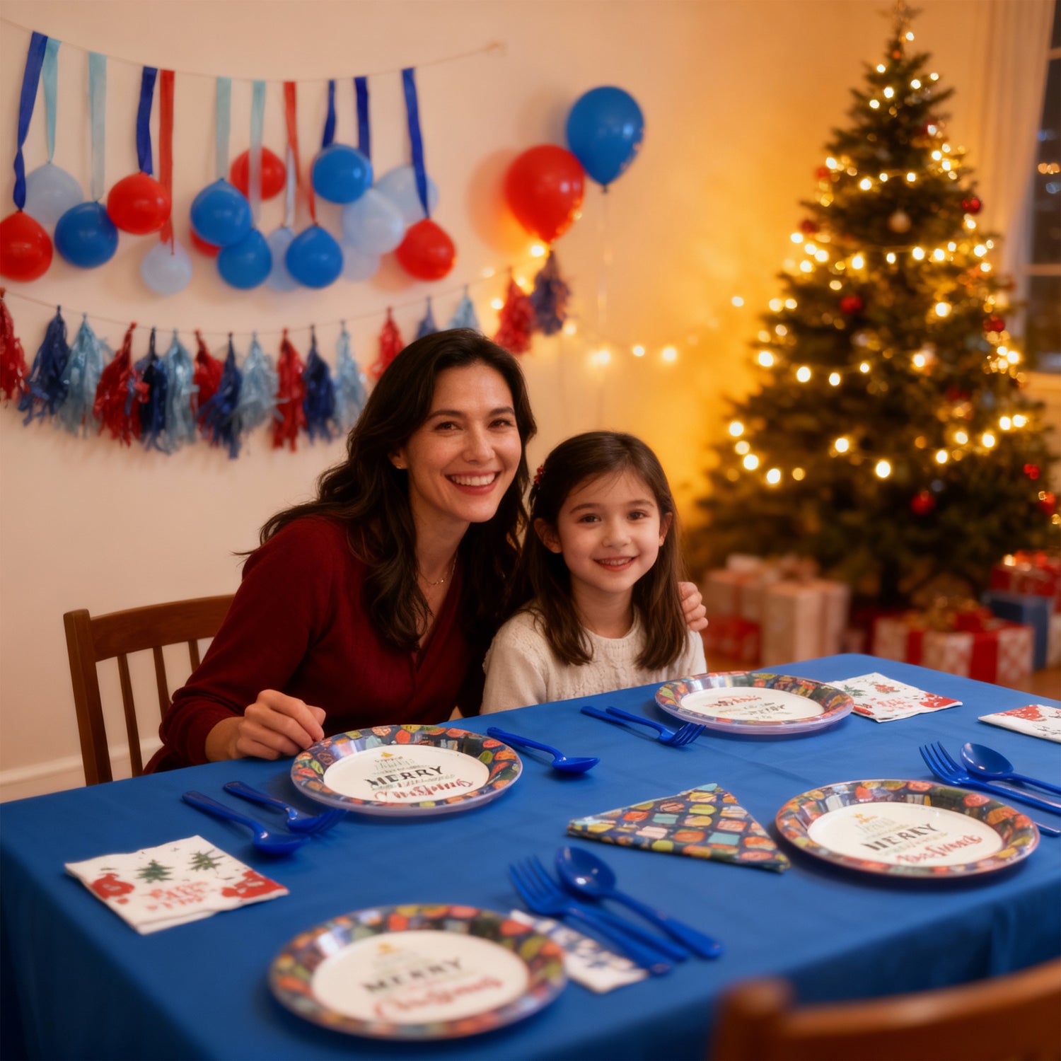 The Party Penguin 131 Pcs Christmas Disposable Tableware Bundle | Holiday Party Supplies Set for Xmas Dinner & Decor | Plates, Napkins, Cutlery, Tablecloth, Balloons & Garland