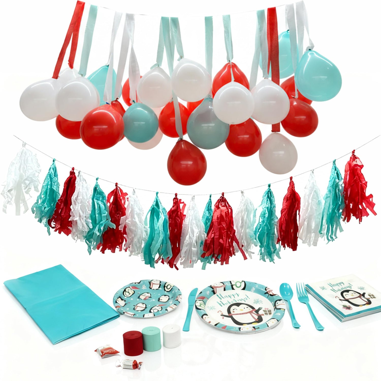 The Party Penguin 131 Pcs Christmas Disposable Tableware Bundle | Holiday Party Supplies Set for Xmas Dinner & Decor | Plates, Napkins, Cutlery, Tablecloth, Balloons & Garland