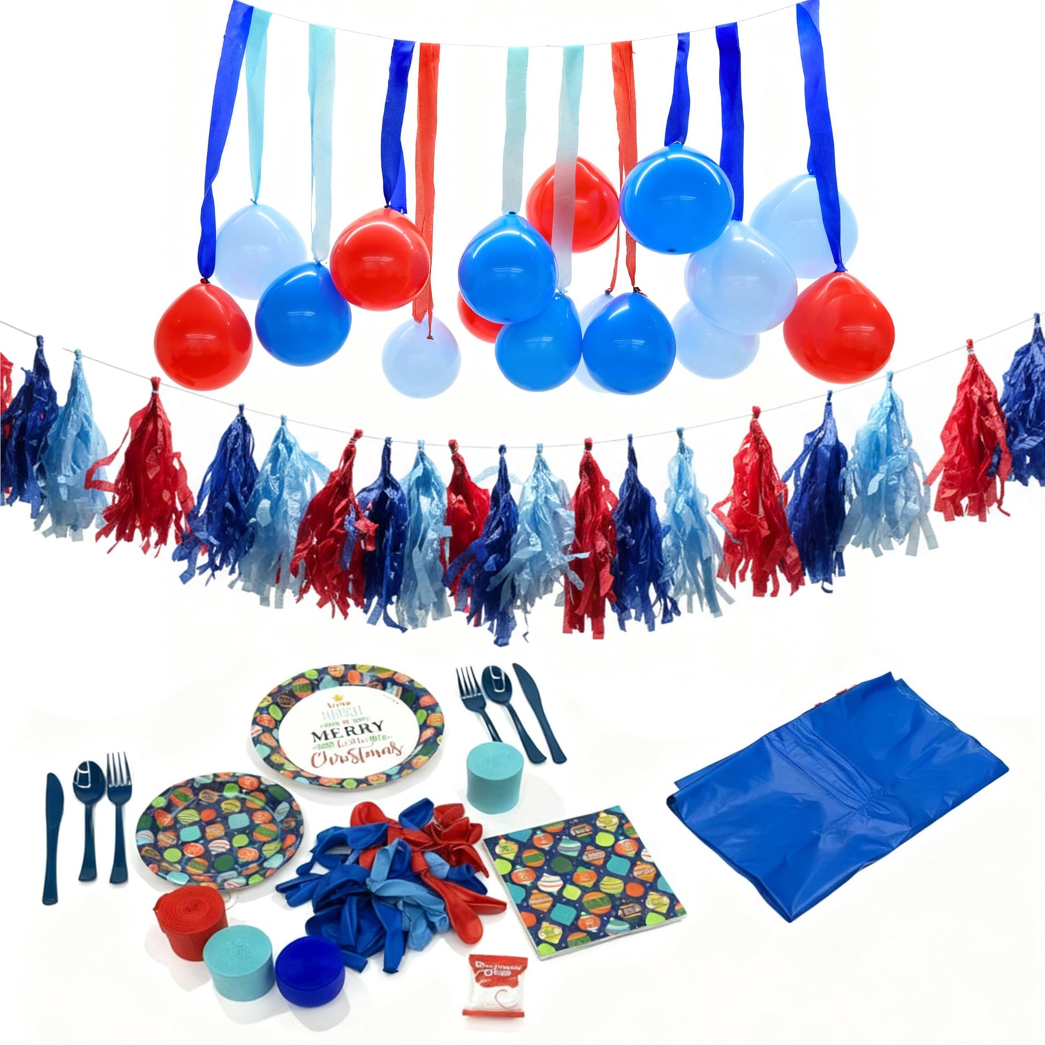 The Party Penguin 131 Pcs Christmas Disposable Tableware Bundle | Holiday Party Supplies Set for Xmas Dinner & Decor | Plates, Napkins, Cutlery, Tablecloth, Balloons & Garland