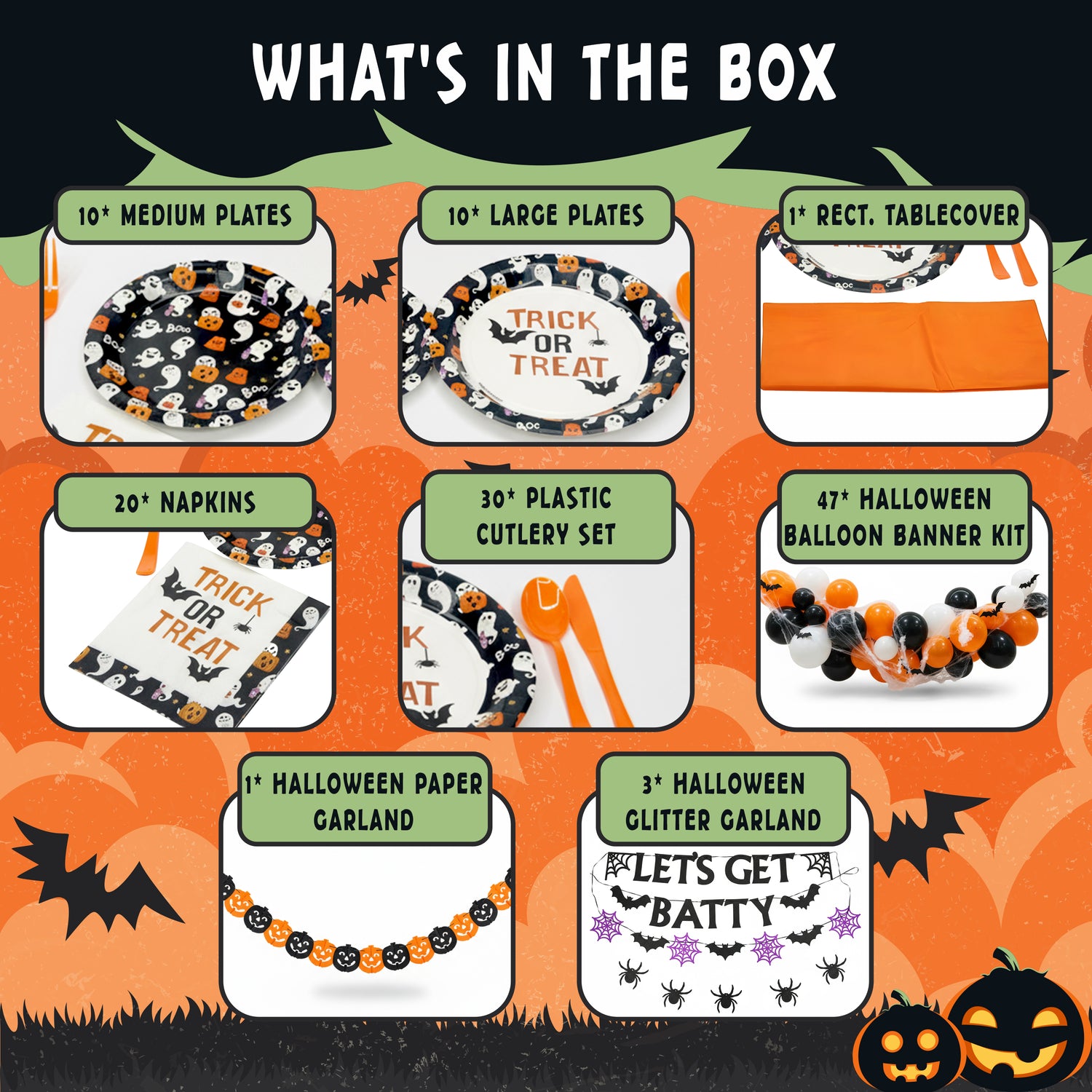 The Party Penguin Disposable Halloween Party Supplies Set (122 PCS) – Plates, Napkins, Cutlery, Tablecloth + Balloon Banner & Garlands for Trick-or-Treat & Classroom Parties