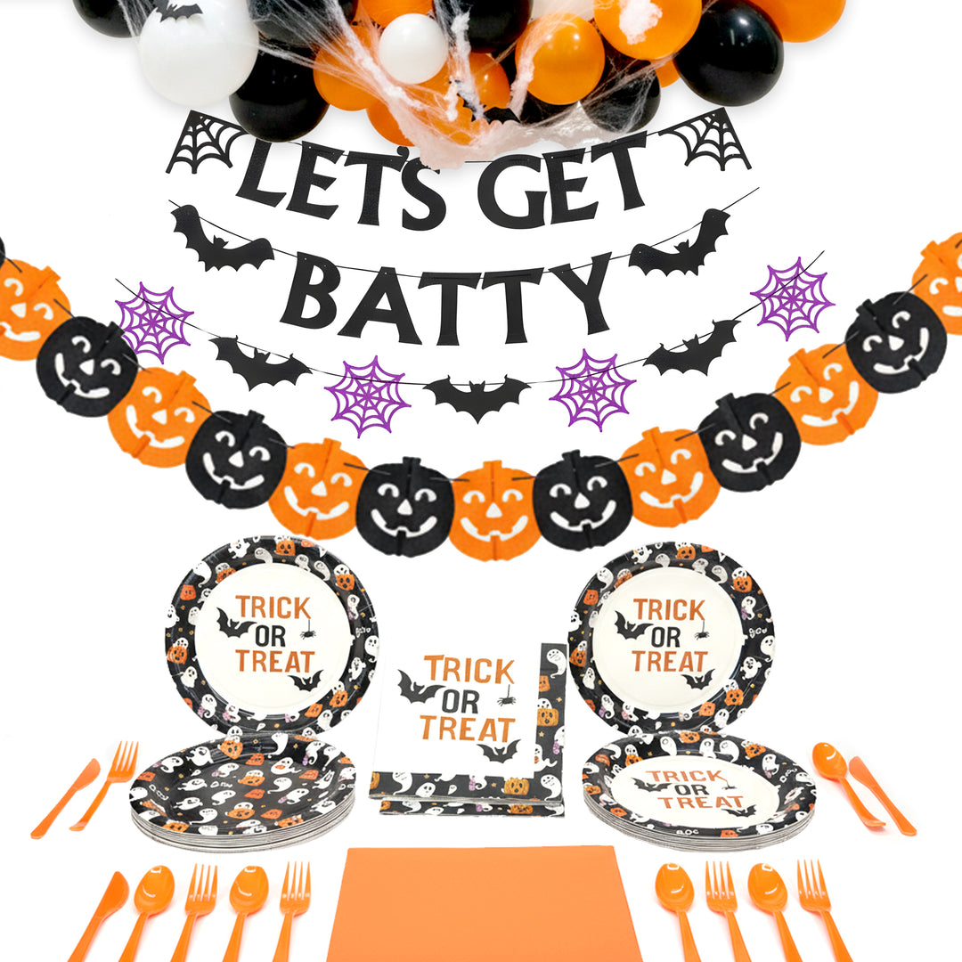The Party Penguin Disposable Halloween Party Supplies Set (122 PCS) – Plates, Napkins, Cutlery, Tablecloth + Balloon Banner & Garlands for Trick-or-Treat & Classroom Parties