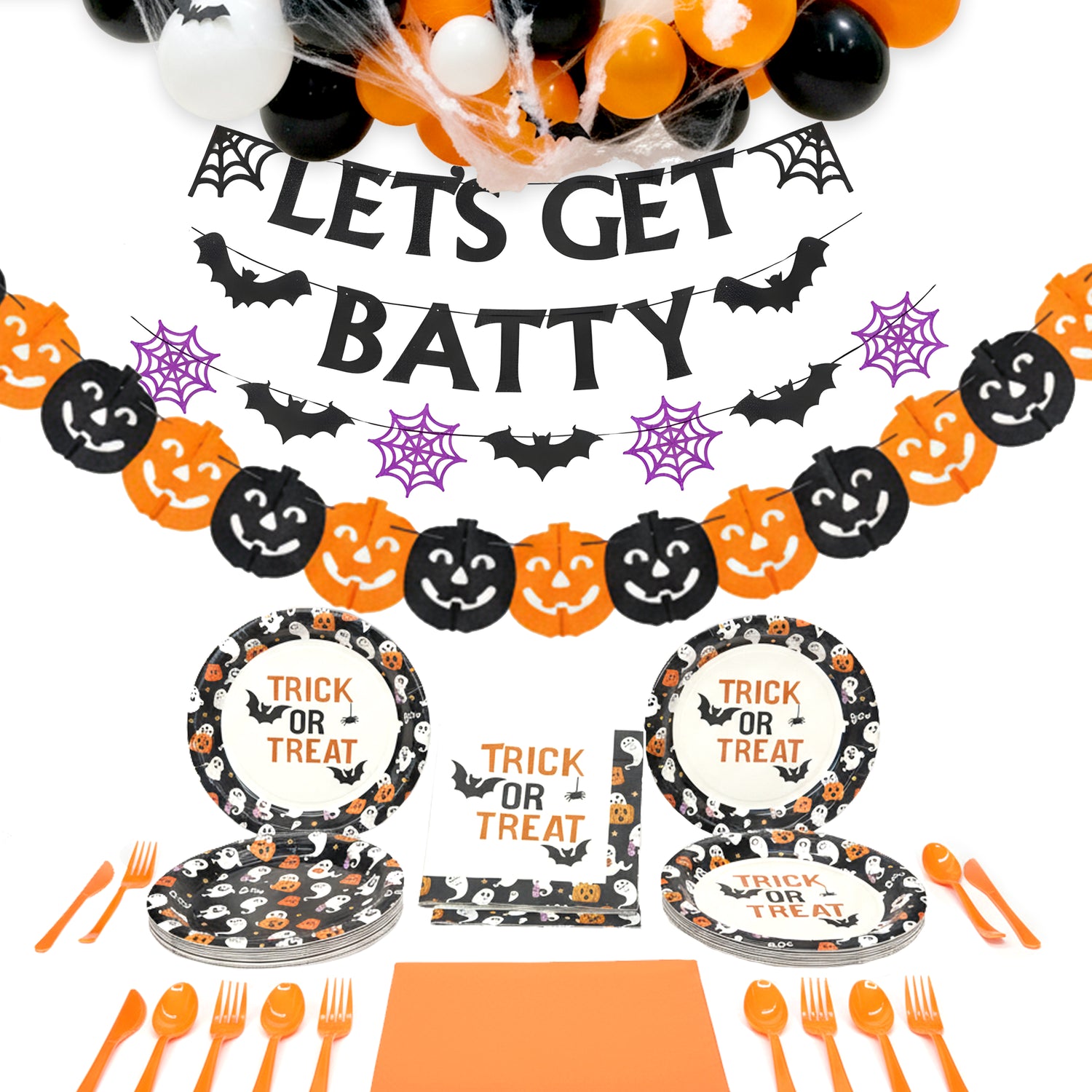The Party Penguin Disposable Halloween Party Supplies Set (122 PCS) – Plates, Napkins, Cutlery, Tablecloth + Balloon Banner & Garlands for Trick-or-Treat & Classroom Parties