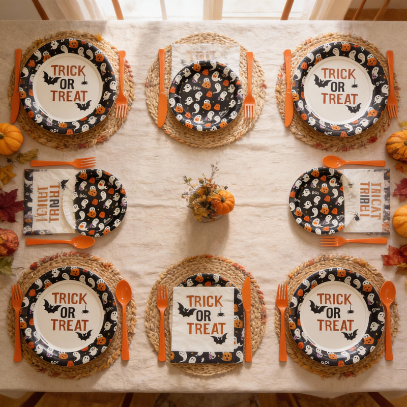 The Party Penguin Disposable Halloween Party Supplies Set (122 PCS) – Plates, Napkins, Cutlery, Tablecloth + Balloon Banner & Garlands for Trick-or-Treat & Classroom Parties