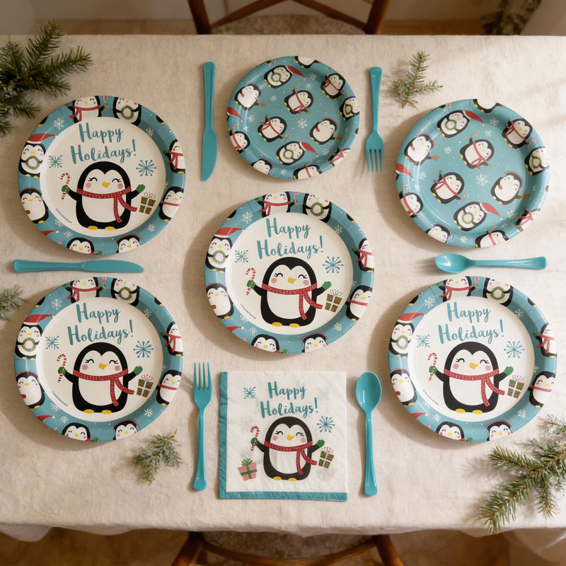 The Party Penguin 131 Pcs Christmas Disposable Tableware Bundle | Holiday Party Supplies Set for Xmas Dinner & Decor | Plates, Napkins, Cutlery, Tablecloth, Balloons & Garland
