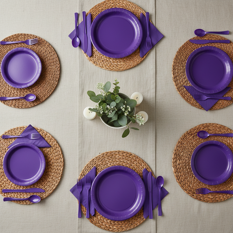 Party Penguin Purple Disposable Tableware Set – 178 PCS Complete Party Supplies Pack with Plates, Napkins, Cutlery & Table Covers