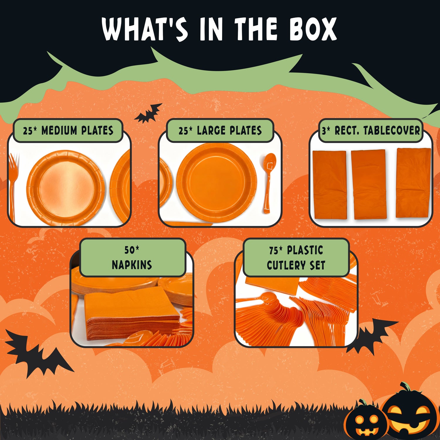 Party Penguin Halloween Orange Tableware Set (178 PCS) – Complete Disposable Halloween Party Supplies with Plates, Napkins, Table Covers & Cutlery for Trick-or-Treat, Haunted House & Fall Celebrations