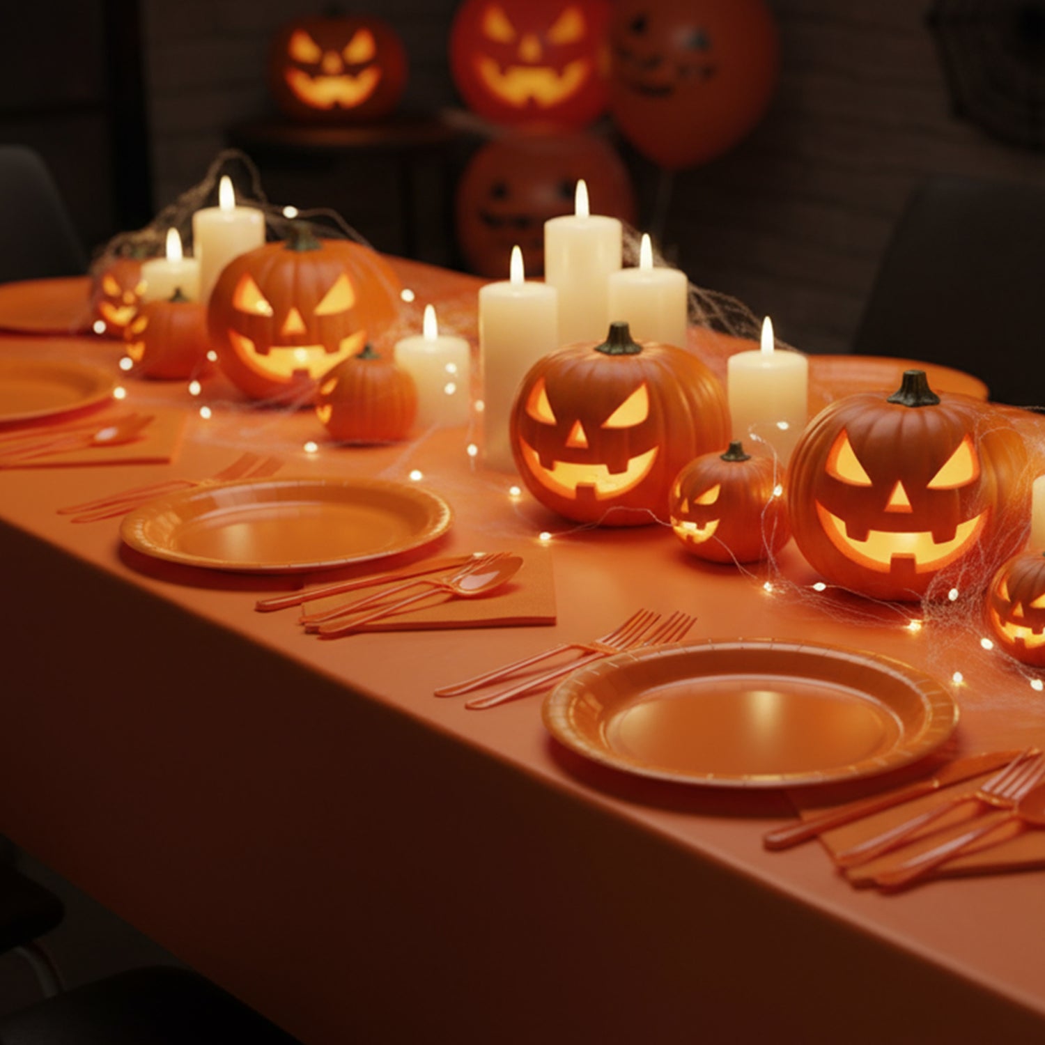 Party Penguin Halloween Orange Tableware Set (178 PCS) – Complete Disposable Halloween Party Supplies with Plates, Napkins, Table Covers & Cutlery for Trick-or-Treat, Haunted House & Fall Celebrations