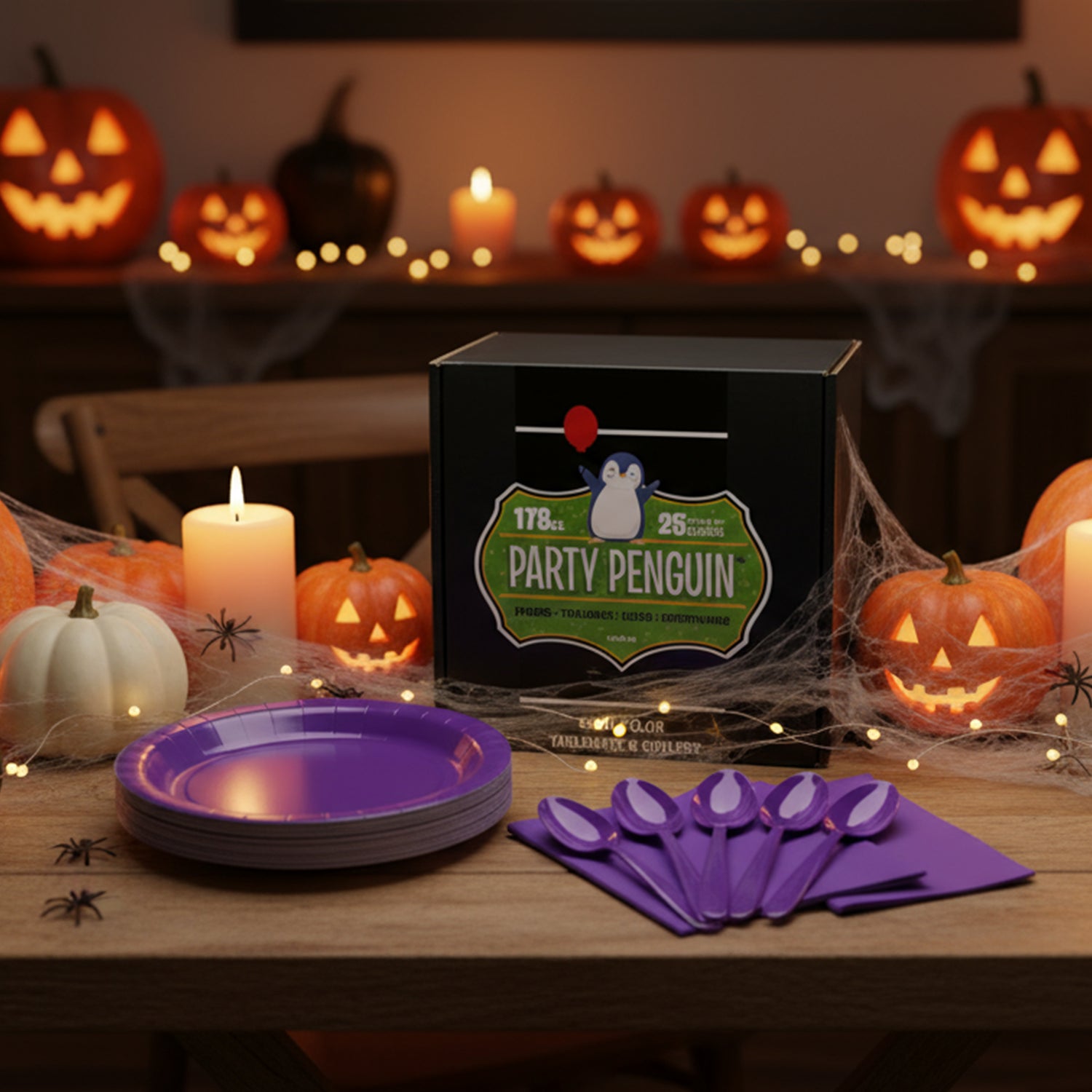 Party Penguin Halloween Purple Tableware Set (178 PCS) – Complete Disposable Halloween Party Supplies with Plates, Napkins, Table Covers & Cutlery for Trick-or-Treat, Haunted House & Fall Celebrations