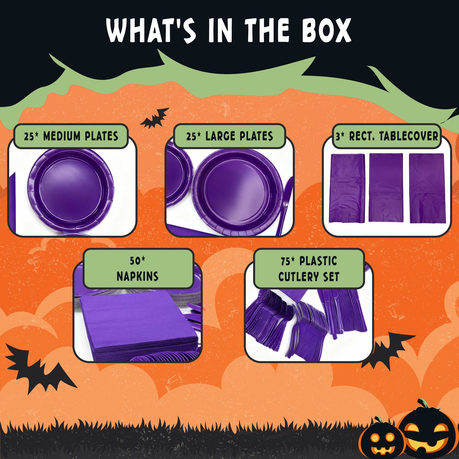 Party Penguin Halloween Purple Tableware Set (178 PCS) – Complete Disposable Halloween Party Supplies with Plates, Napkins, Table Covers & Cutlery for Trick-or-Treat, Haunted House & Fall Celebrations