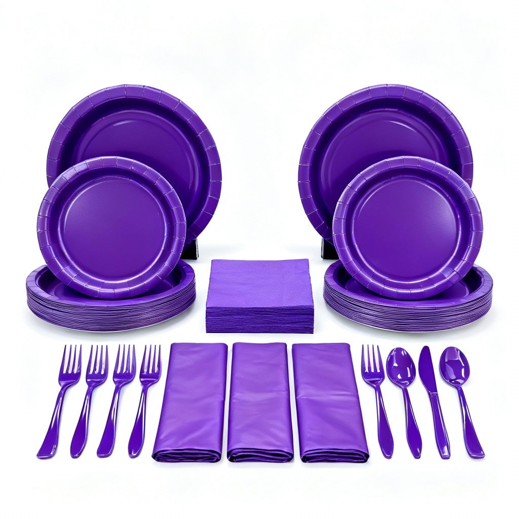 Party Penguin Halloween Purple Tableware Set (178 PCS) – Complete Disposable Halloween Party Supplies with Plates, Napkins, Table Covers & Cutlery for Trick-or-Treat, Haunted House & Fall Celebrations