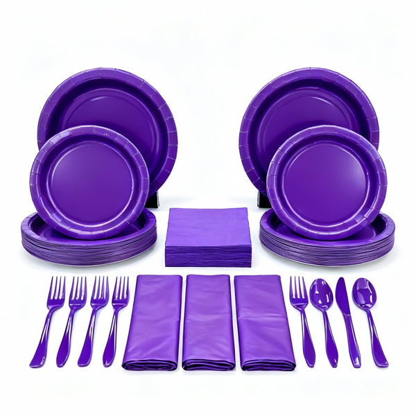 Party Penguin Purple Disposable Tableware Set – 178 PCS Complete Party Supplies Pack with Plates, Napkins, Cutlery & Table Covers