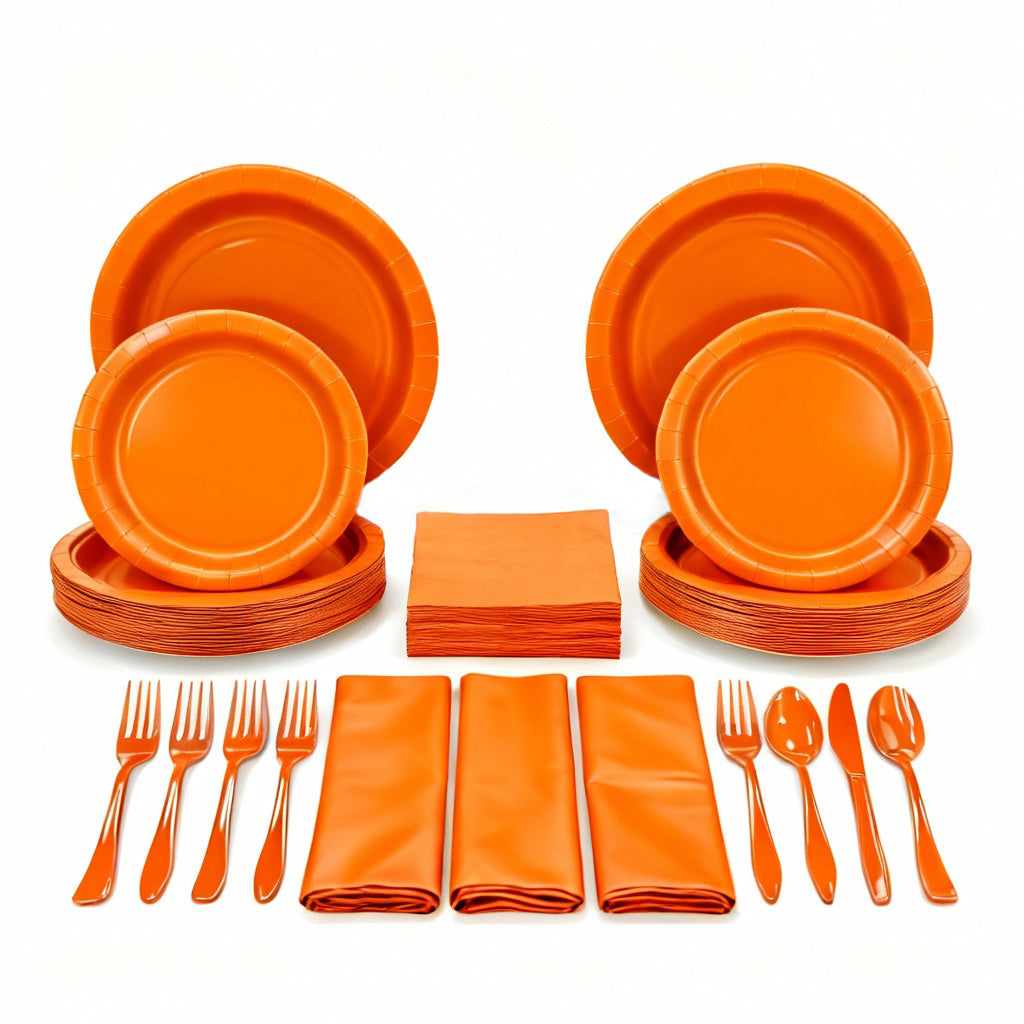 Party Penguin Halloween Orange Tableware Set (178 PCS) – Complete Disposable Halloween Party Supplies with Plates, Napkins, Table Covers & Cutlery for Trick-or-Treat, Haunted House & Fall Celebrations